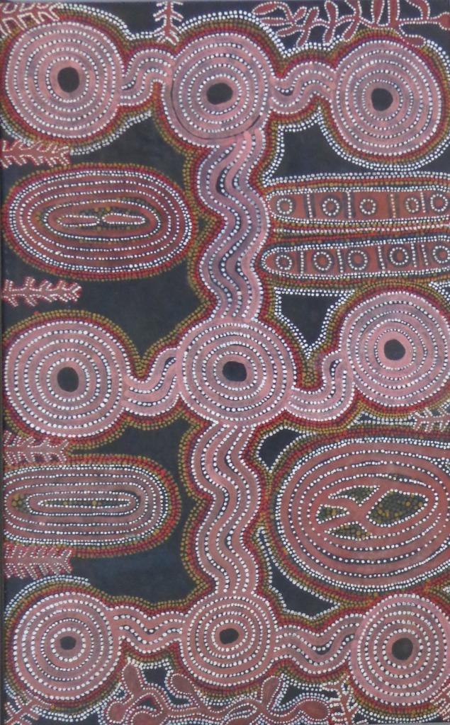 ABORIGINAL ART / ONTWERP STIPPEN / OLIEVERF DOEK / 131x86cm, Antiek en Kunst, Kunst | Schilderijen | Modern, Ophalen