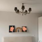 Gepatineerde witte houten kroonluchter + 5 zuinige lampen +, Huis en Inrichting, Lampen | Kroonluchters, Zo goed als nieuw, Hout