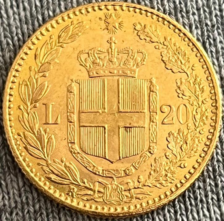 Munt 20 Lire Goud Umberto I 1885, Postzegels en Munten, Munten | Europa | Niet-Euromunten, Italië, Goud, Ophalen of Verzenden