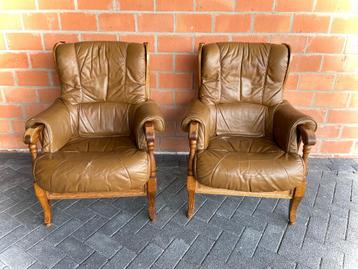 2x retro - vintage zetels - fauteuils / eik + leder  beschikbaar voor biedingen