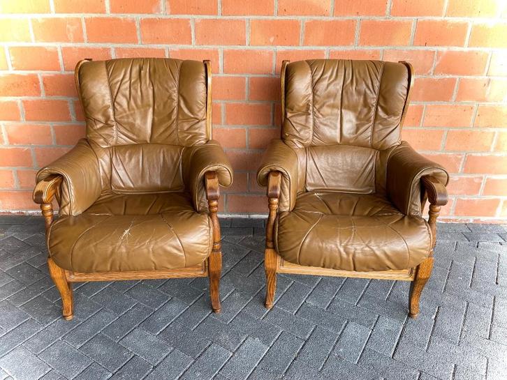 2x retro - vintage zetels - fauteuils / eik + leder, Antiek en Kunst, Antiek | Meubels | Stoelen en Sofa's, Ophalen