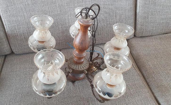 Vintage kroonluchter hanglamp van hout, metaal, glas, Huis en Inrichting, Lampen | Kroonluchters, Gebruikt, Glas, Hout, Metaal