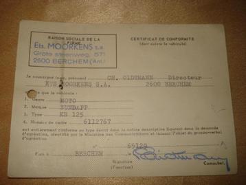 Ancien Certificat Conformité Moto Zundapp KS-125 beschikbaar voor biedingen