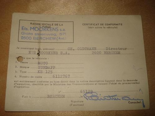 Ancien Certificat Conformité Moto Zundapp KS-125, Motoren, Handleidingen en Instructieboekjes, Overige merken, Ophalen of Verzenden