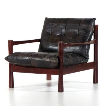 Vintage retro lounge fauteuil in patchwork zwart leer