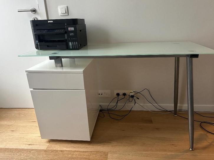 Bureau en verre + caisson en bois blanc, Maison & Meubles, Bureaux, Utilisé, Enlèvement