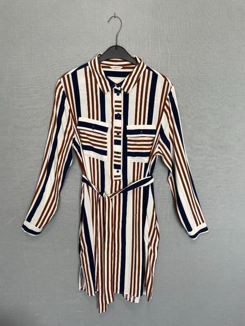 Crème/bruin/blauw gestreepte jurk van Esqualo (42), Kleding | Dames, Jurken, Zo goed als nieuw, Maat 42/44 (L), Beige, Boven de knie