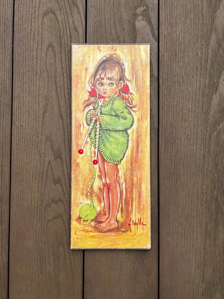 Impression rétro sur bois, grands yeux, fille  avec tricot, Maison & Meubles, Accessoires pour la Maison | Décorations murale