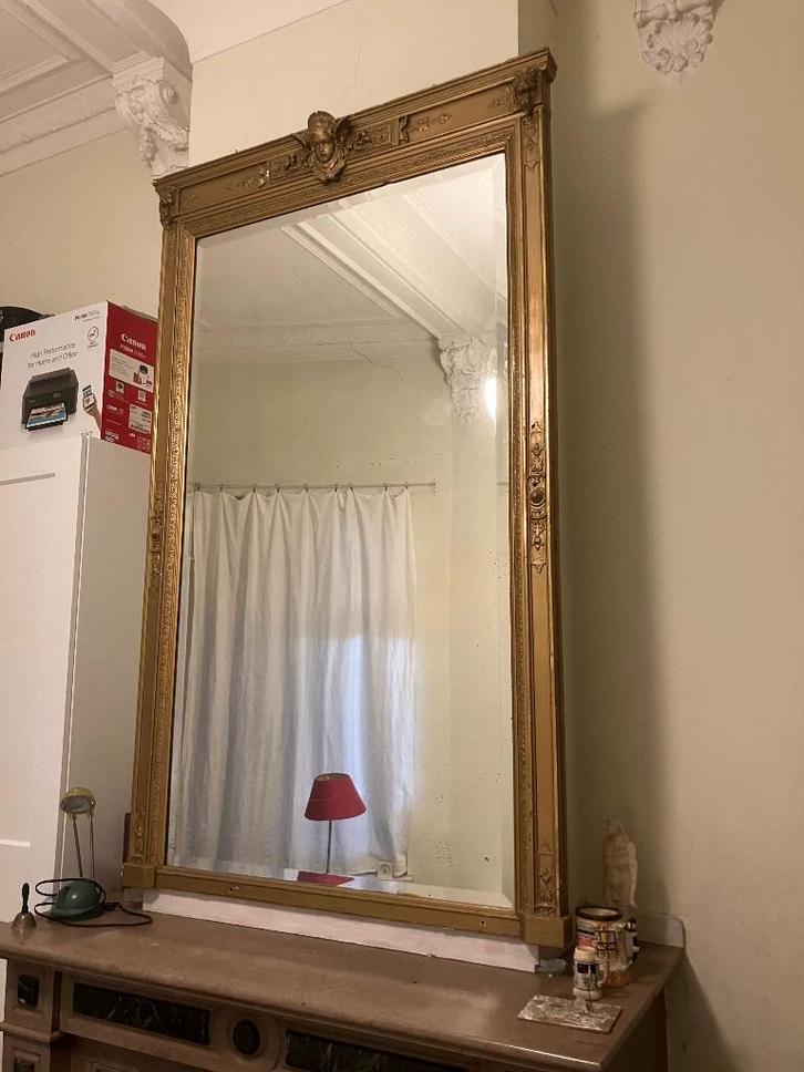 Antieke schouwspiegel, Antiek en Kunst, Antiek | Spiegels, 100 tot 150 cm, 150 tot 200 cm, Rechthoekig, Ophalen