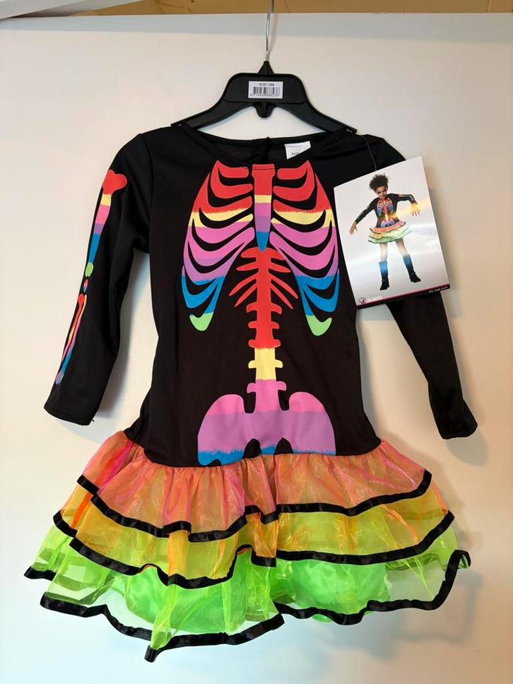 Carnaval skelet Dia de los muertos jurk 98/104/110, Kinderen en Baby's, Carnavalskleding en Verkleedspullen, Nieuw, Meisje, Ophalen