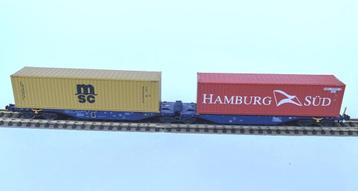 Rocky-Rail Sggmmss 90 avec un conteneur MSC et un Hamburg Sü
