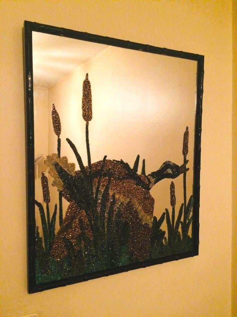 80s Vintage ' Eend ' bamboe spiegel, Antiek en Kunst, Antiek | Spiegels, 50 tot 100 cm, Minder dan 100 cm, Rechthoekig, Ophalen of Verzenden