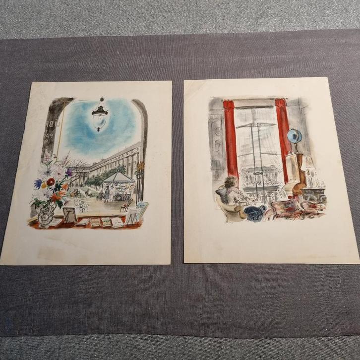 2 Litho / aquarellen en portret prent, Antiek en Kunst, Kunst | Litho's en Zeefdrukken, Ophalen of Verzenden