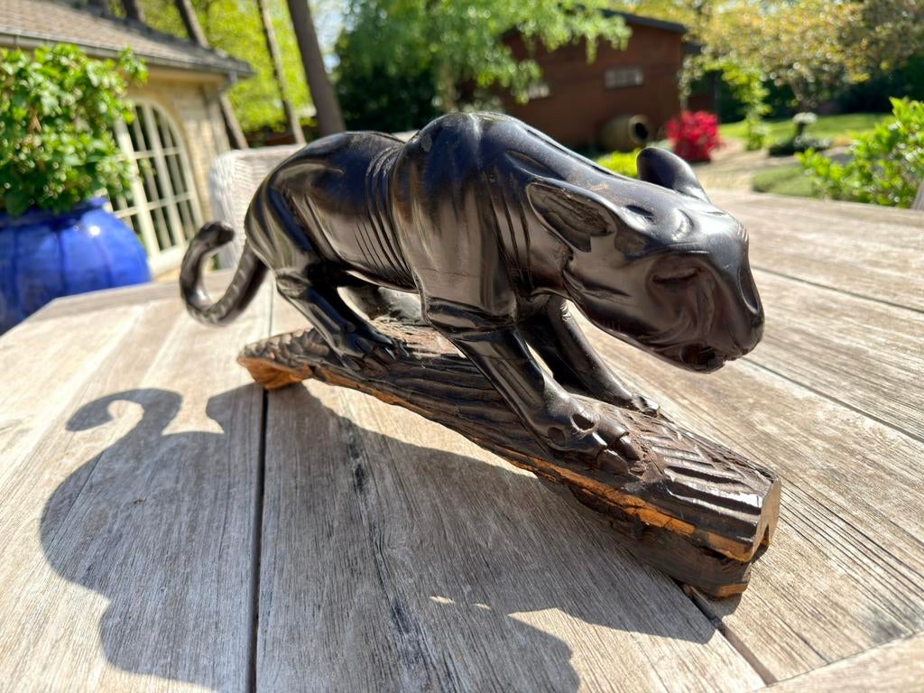 Grote houten panter / luipaard beeld – 55 cm – handgesneden, Mammifère, Statue, Bois, 50 - 100 cm