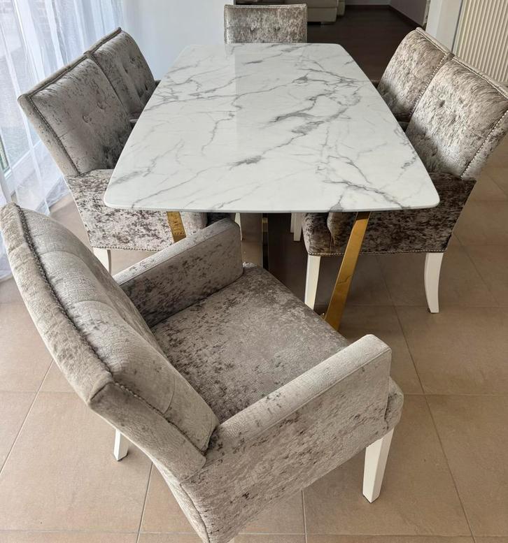 Luxe eettafel + 6 stoelen Richmond Interiors marmerlook/goud, Maison & Meubles, Tables | Tables à manger, Comme neuf, Enlèvement