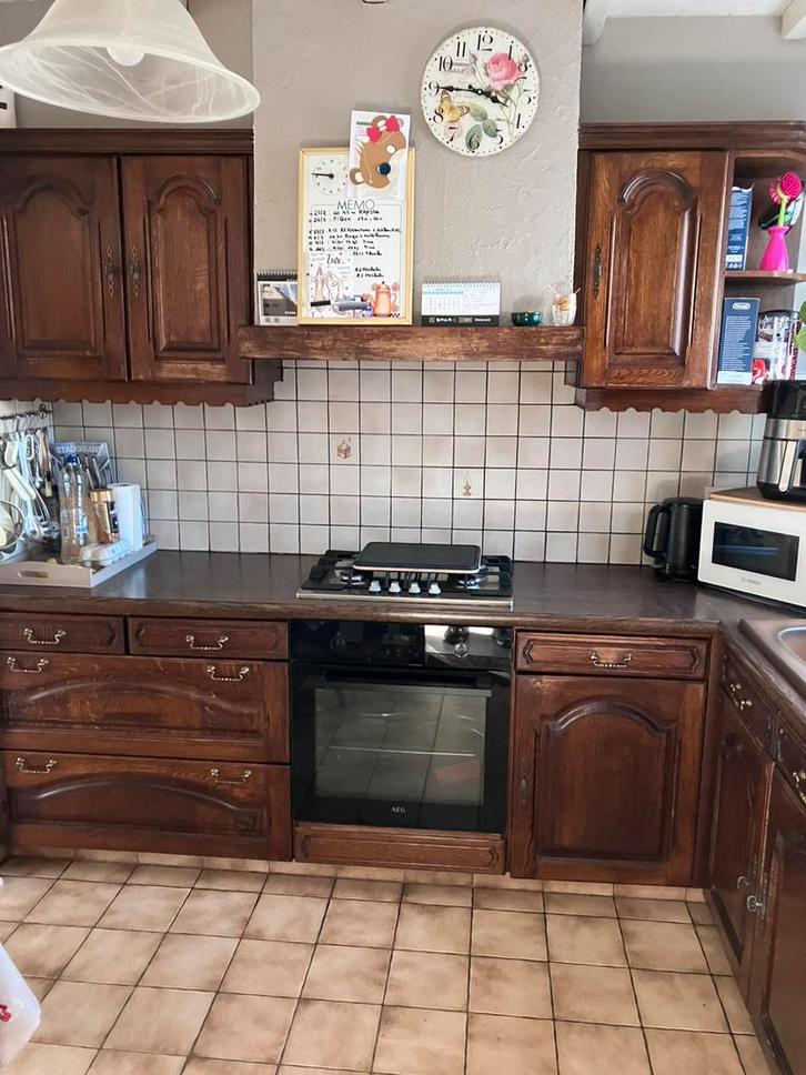 Eiken keuken inclusief dampkap, frigo e gootsteen met kraan, Huis en Inrichting, Keuken | Complete keukens, Gebruikt, Hoekkeuken