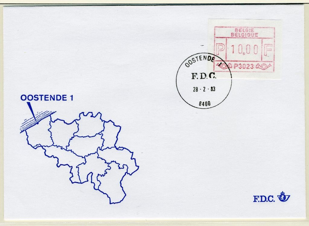 (B) ATM23 FDC Envelop 1983 - Oostende 1 (P3023), Met envelop, Ophalen of Verzenden, Gestempeld, 1e dag stempel