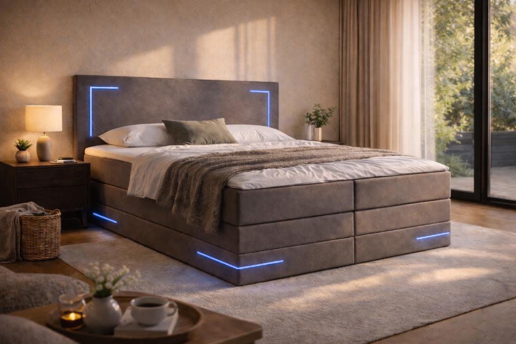 Sommier Detroit 180x200 avec espace de rangement, LED-neuf, Neuf, Gris, Tissu, 180 cm