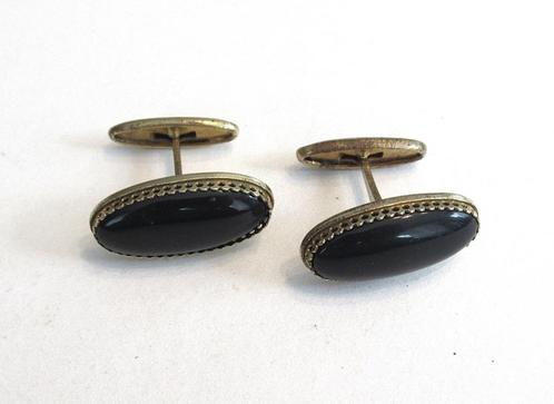 Vintage manchetknopen met zwarte obsidiaan van de '70 jaren., Handtassen en Accessoires, Manchetknopen, Ophalen of Verzenden