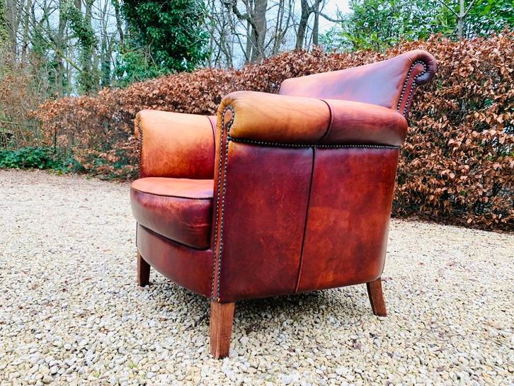 Antiek patina cognac Schaapleren Club Fauteuil, Goede Staat, Antiek en Kunst, Antiek | Meubels | Stoelen en Sofa's, Ophalen
