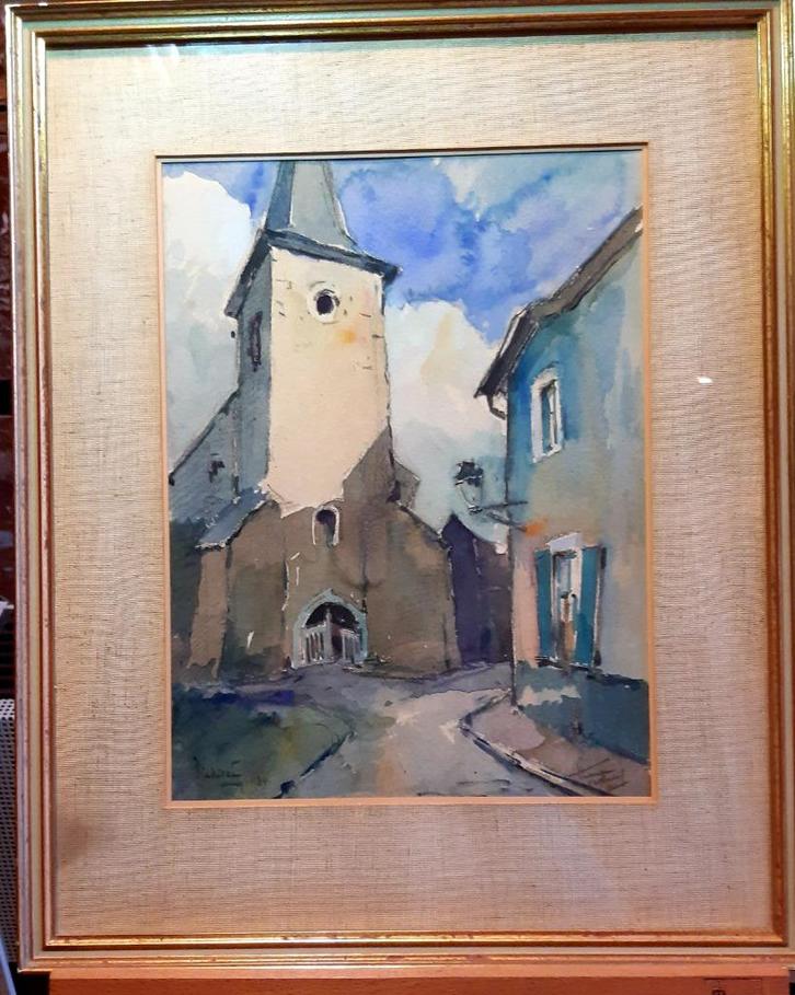 Waterverf van Herman Verbaere kerk te Dierickx van 1934., Antiek en Kunst, Kunst | Schilderijen | Klassiek, Ophalen