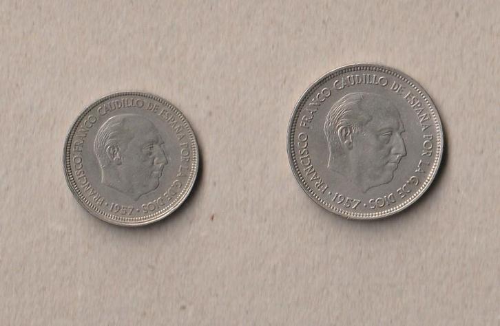 Espagne : 2 pièces (utilisées) : 1957 : 25 ptas et 5 ptas, Timbres & Monnaies, Monnaies | Europe | Monnaies non-euro, Série, Autres pays