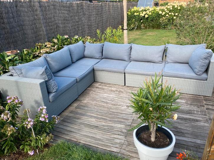 Grijze loungeset in wicker (merk Bristol), Tuin en Terras, Tuinsets en Loungesets, Gebruikt, Loungeset, Wicker, 6 zitplaatsen