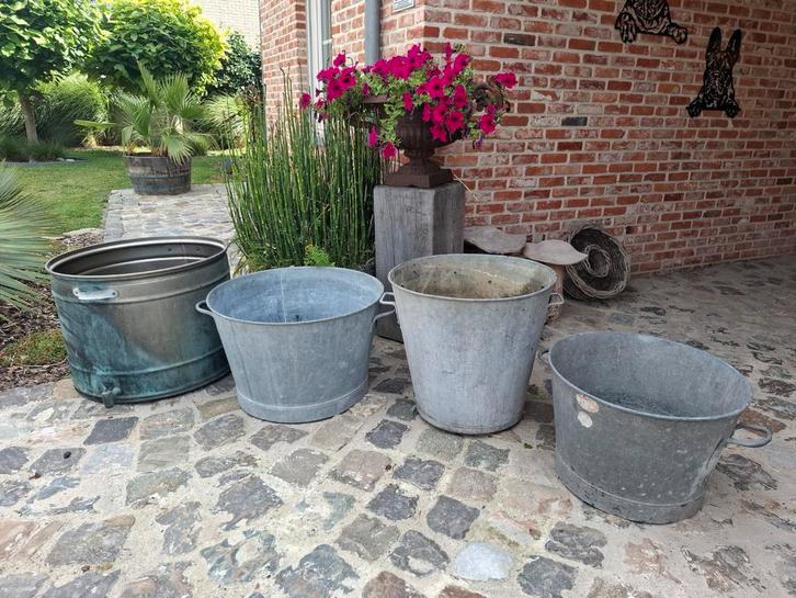 Zinken kuipen,bakken en ketels als rustieke bloembak enz..., Tuin en Terras, Bloembakken en Plantenbakken, Ophalen