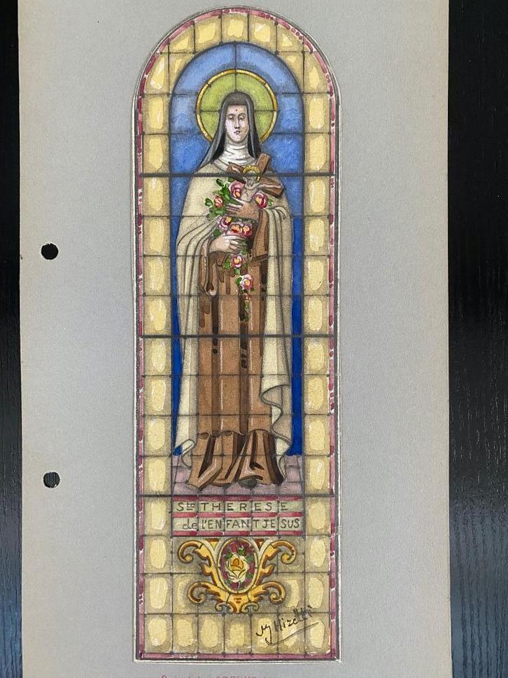 Aquarel - ontwerp voor glasraam St Therese de l'enfant Jesus, Verzamelen, Religie, Nieuw, Christendom | Katholiek, Kaart of Prent