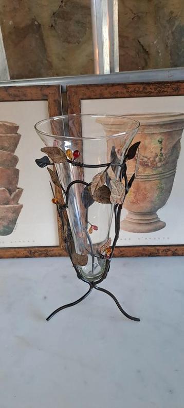 Vase en verre armature en métal déco feuille d'arbre  beschikbaar voor biedingen