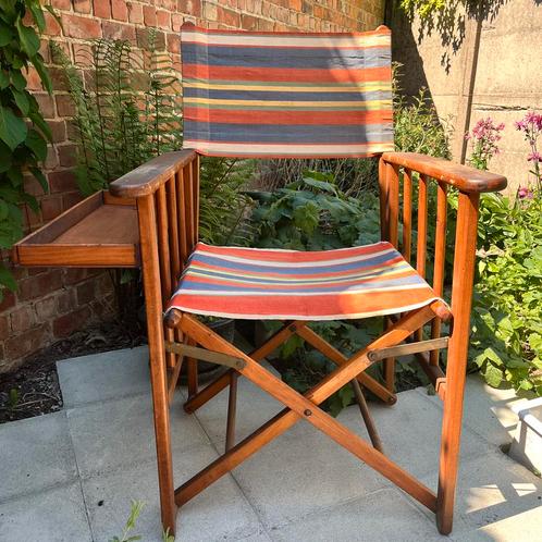 Vintage plooibare safaristoel tuinstoel met tafeltje, Tuin en Terras, Tuinstoelen, Gebruikt, Hout, Inklapbaar, Ophalen
