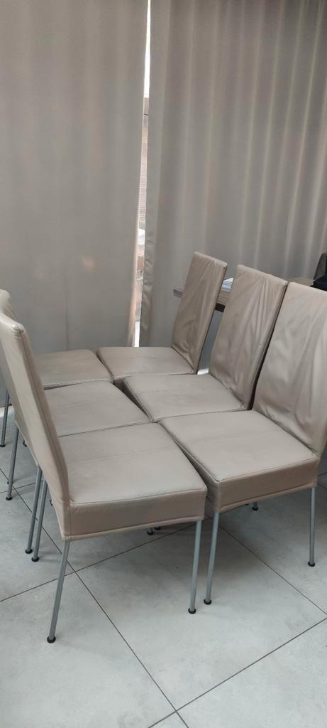 Zes lederen eetkamerstoelen beige merk VHS, Huis en Inrichting, Stoelen, Ophalen