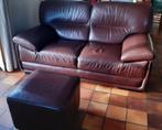 Fauteuils 2 places, 1 place et pouf repose pieds en cuir bru, Ophalen, Gebruikt, Leer