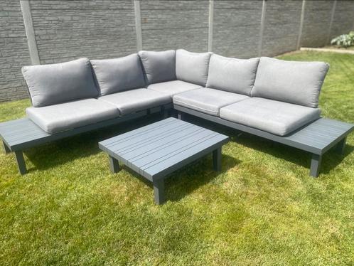 Aluminium Loungehoek met grijs kussens en loungetafel, Tuin en Terras, Tuinsets en Loungesets, Zo goed als nieuw, Loungeset, Aluminium