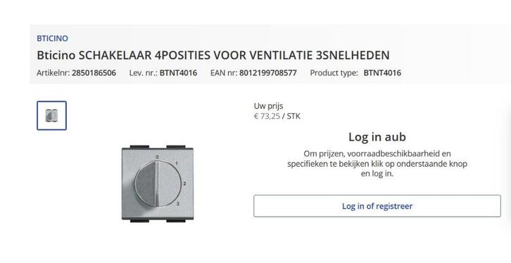 Bticino SCHAKELAAR 4POSITIES VOOR VENTILATIE 3SNELHEDEN, Elektronische apparatuur, Onderdelen en Toebehoren, Gebruikt, Ophalen