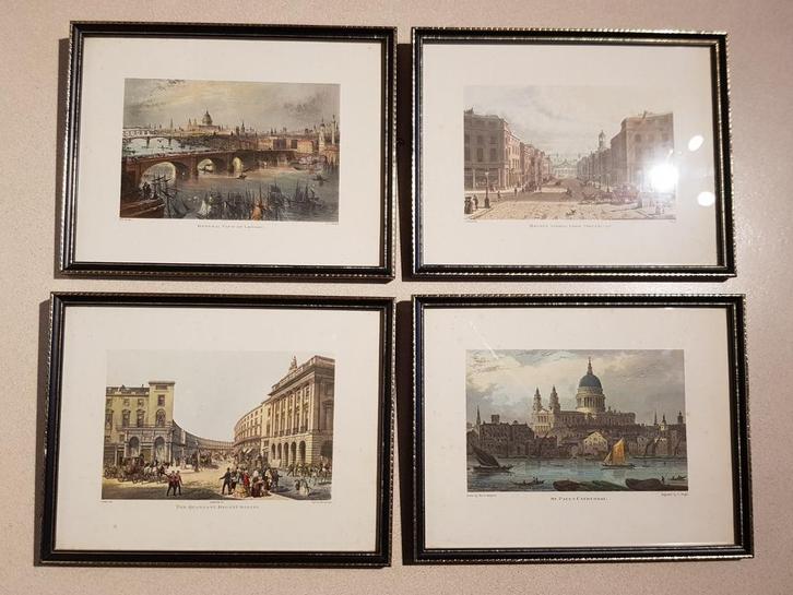 Kleuren litho's in zwarte kader met glas, 4 stuks=€25, Antiek en Kunst, Kunst | Litho's en Zeefdrukken, Ophalen of Verzenden