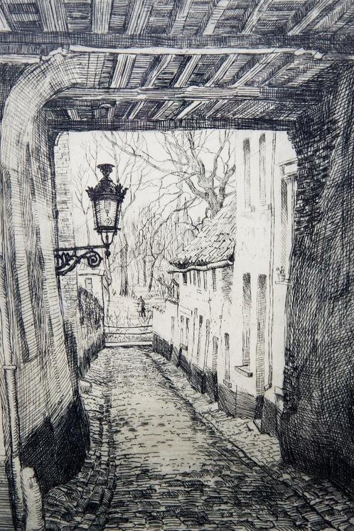 Romain Malfliet 1910-2006/ Waterstraatje te Mechelen, Antiek en Kunst, Kunst | Etsen en Gravures, Ophalen of Verzenden