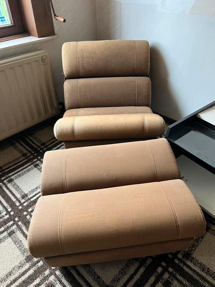 Vintage opknapbare leeslamp (fauteuil en voetsteun), Huis en Inrichting, Fauteuils, Gebruikt, Kunststof, 75 tot 100 cm, 125 tot 150 cm