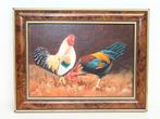 Klein olie schilderij duo hanen gesigneerd, Ophalen of Verzenden