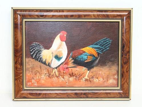 Klein olie schilderij duo hanen gesigneerd, Antiek en Kunst, Kunst | Schilderijen | Klassiek, Ophalen of Verzenden