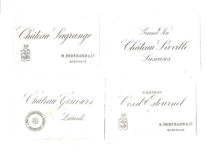Lot van 4 zeer oude wijnetiketten GR. Cru Classés, Verzamelen, Wijnen, Zo goed als nieuw, Rode wijn, Frankrijk, Ophalen of Verzenden