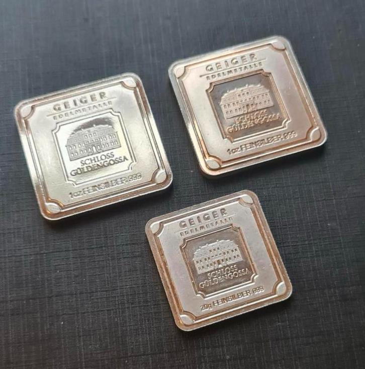 3 barres carrées en argent Geiger 999 82,2 grammes au total, Timbres & Monnaies, Métaux nobles & Lingots, Argent, Enlèvement ou Envoi