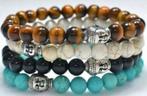 Armband in 4 kleuren met zilverkleurige Boeddha-kraal, Handtassen en Accessoires, Armbanden, Ophalen of Verzenden, Nieuw, Blauw