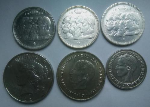 6 zilveren munten BEL + USA 1922 - 1948 - 1958 - 1976, Postzegels en Munten, Munten | België, Setje, Zilver, Zilver, Ophalen of Verzenden