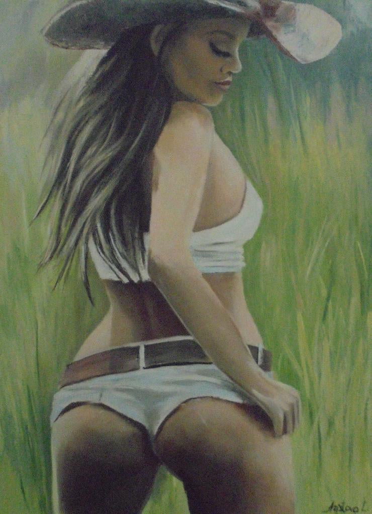 olieschilderij cowgirl (60x80cm), Antiek en Kunst, Kunst | Schilderijen | Klassiek, Ophalen of Verzenden