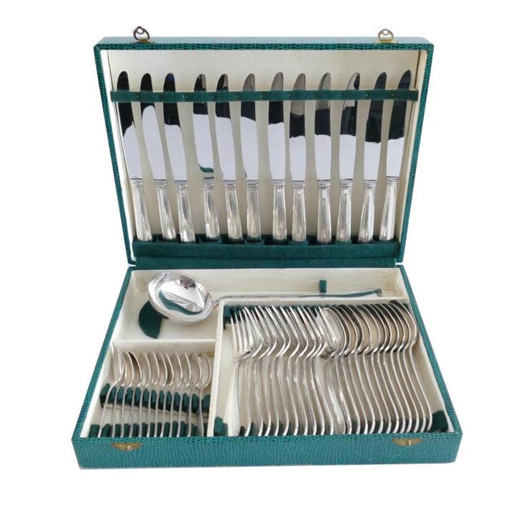 Verzilverde Art Deco-stijl bestekcassette - 49st/12-pers., Antiek en Kunst, Antiek | Bestek, Ophalen of Verzenden