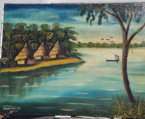 Huile sur toile paysage africain signe magos auguste, Antiek en Kunst, Kunst | Schilderijen | Klassiek, Ophalen of Verzenden