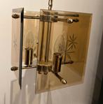 Vintage kubus plafondlamp met gebronsde glazen panelen, Antiek en Kunst, Ophalen of Verzenden
