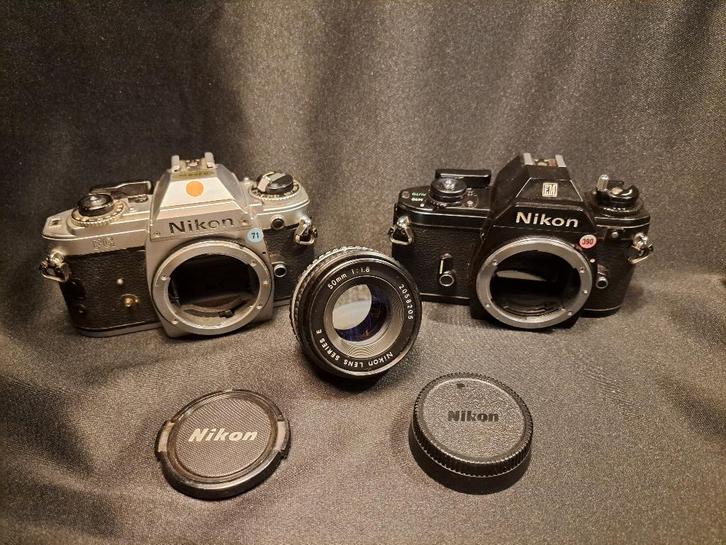 Nikon EM en Nikon FG met Serie E lens 1;1.8/50, TV, Hi-fi & Vidéo, Appareils photo analogiques, Utilisé, Reflex miroir, Nikon
