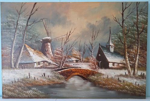 Olieverfschilderij winterlandschap molen Hollandse stijl, Antiek en Kunst, Kunst | Schilderijen | Klassiek, Ophalen